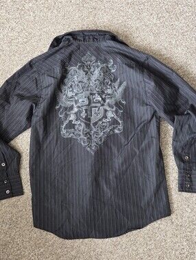 Level Ten Men L Black Pinstriped Long Sleeve Button Up Shirt Y2K Grunge